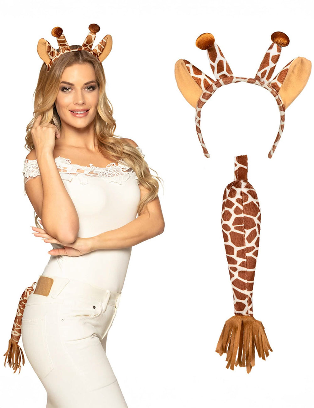 Set de girafă pentru adult maro și alb cu bentiță și coadă