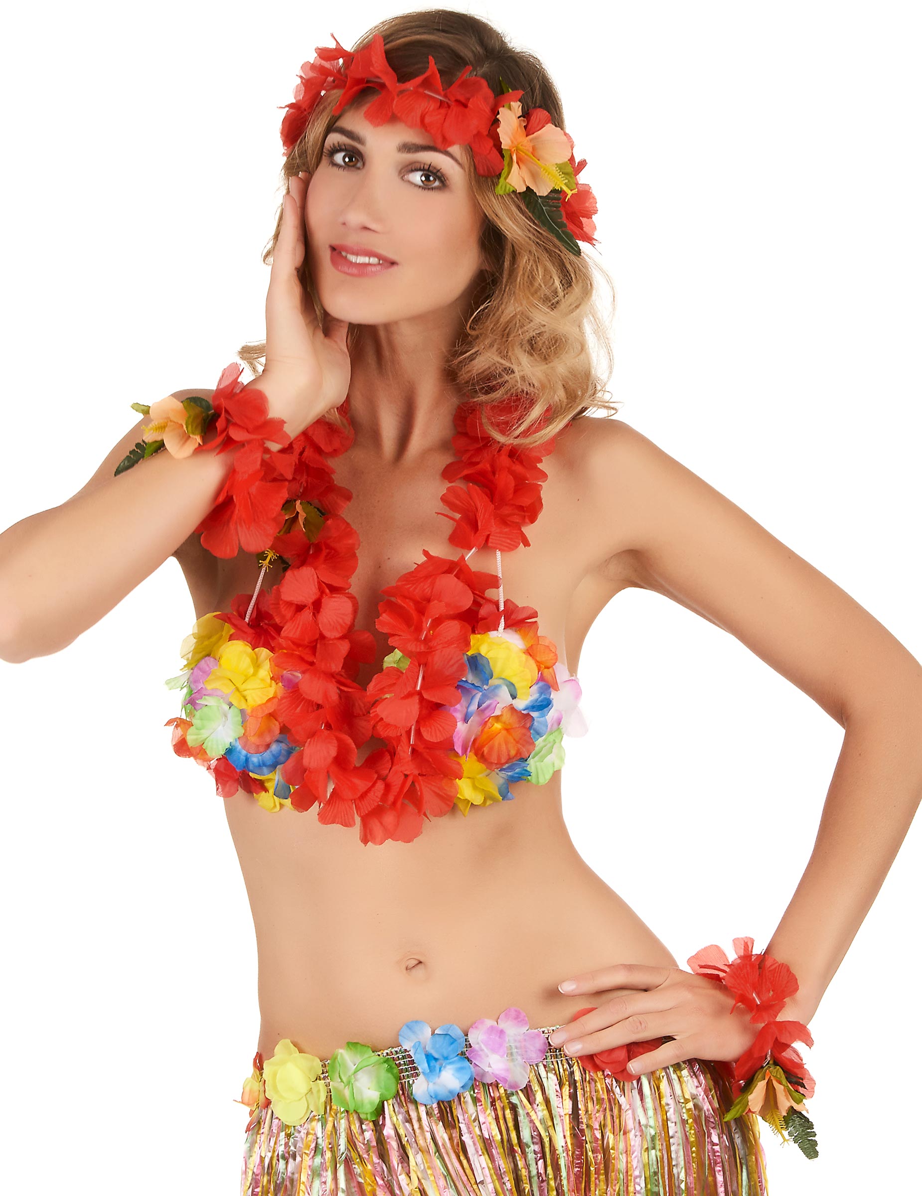 Set floral Hawaï pour adulte rouge