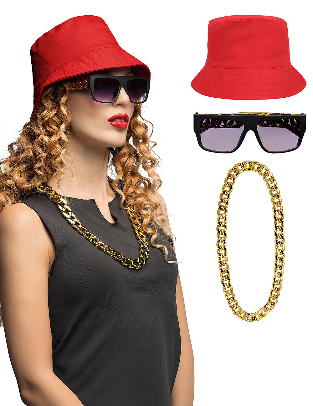 Set Hip hop 90's pour adulte avec bob rouge lunettes noires et chaîne dorée