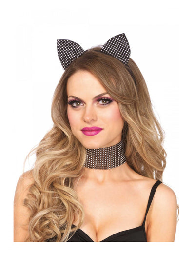 Set luxe serre-tête et tour de cou chat pour adulte noir avec strass brillants