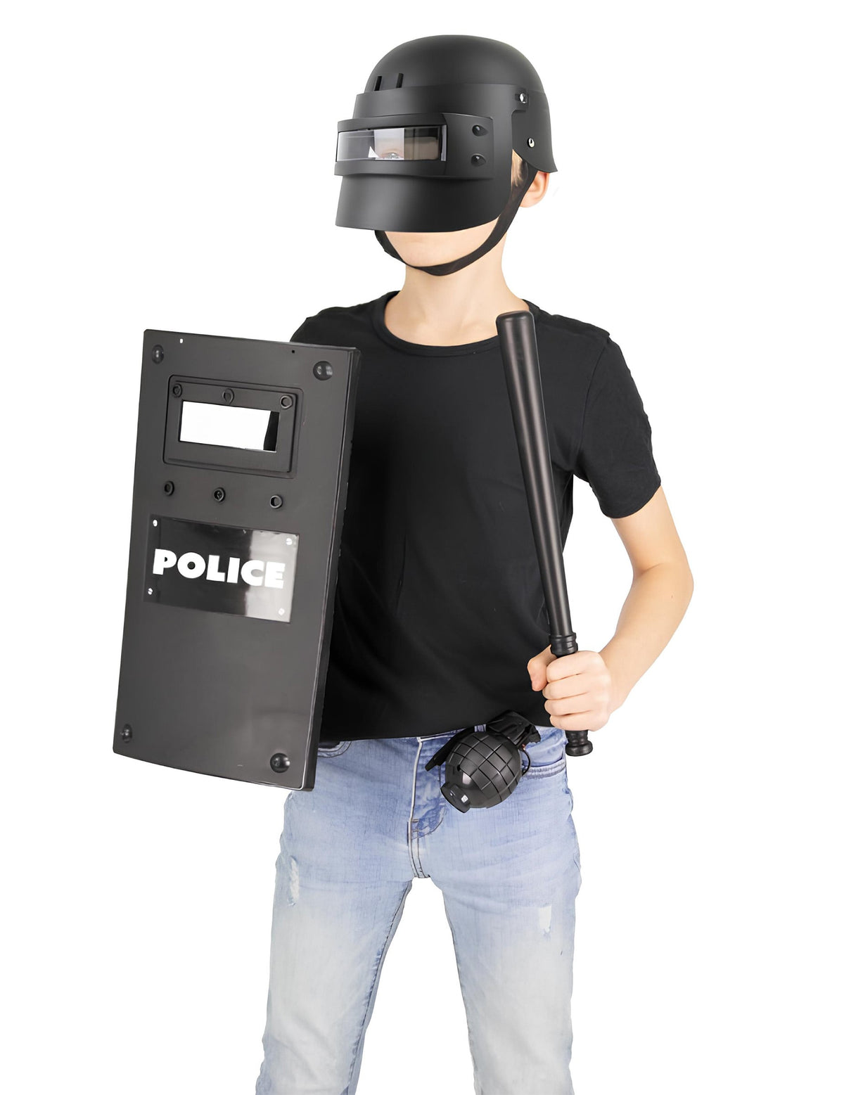 Set policier 4 pièces pour enfant noir avec casque et bouclier
