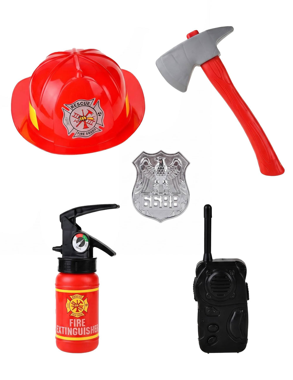 Set pompier din plastic pentru copil roșu și gri cu cască și accesorii