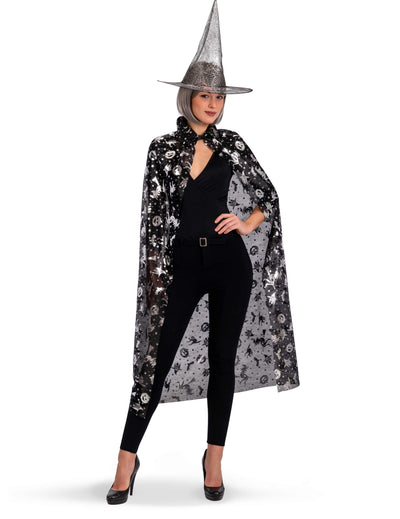 Set de sorcière chapeau et cape pour femme noir et argent
