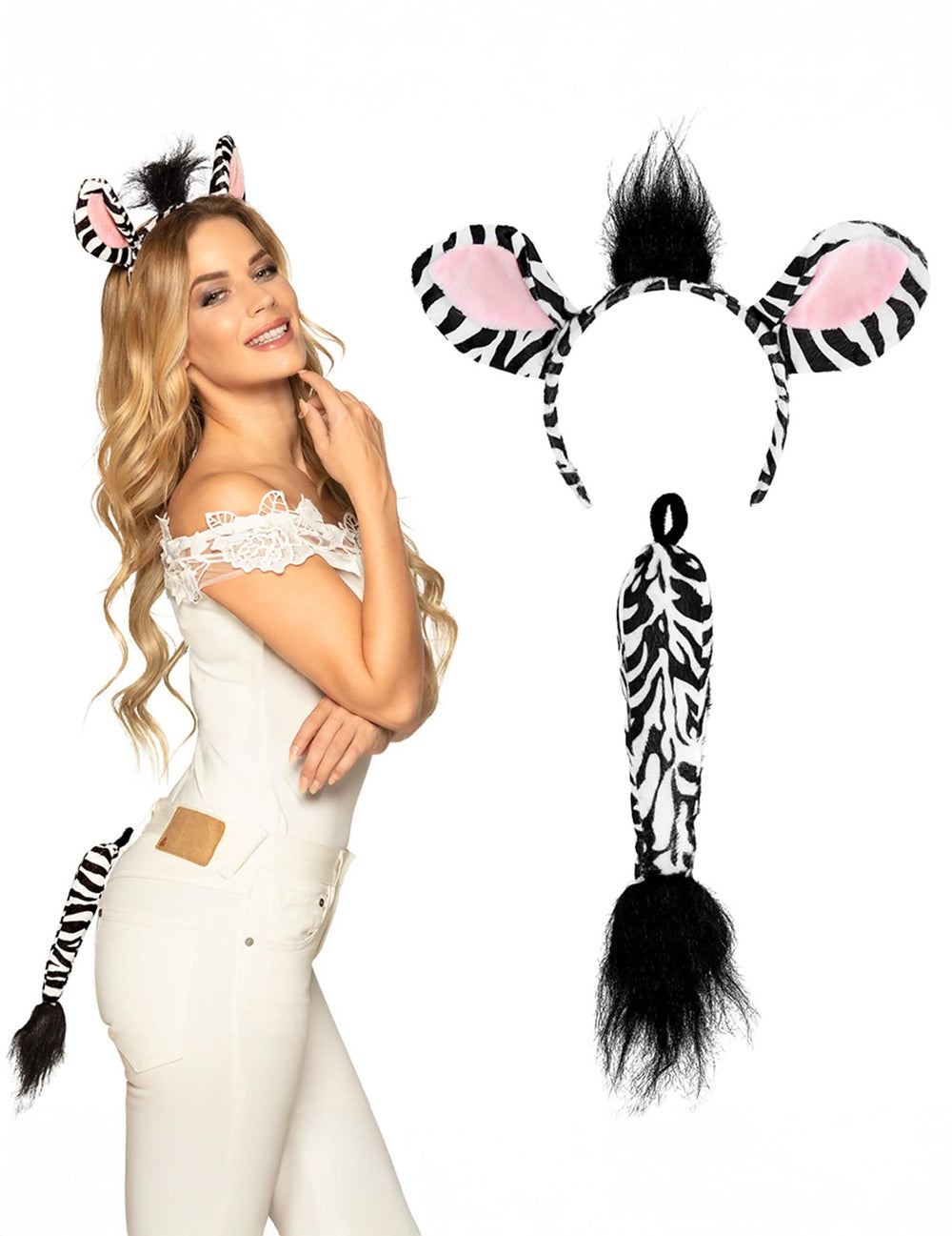 Set zèbre pour femme à rayures noires et blanches avec serre-tête et queue