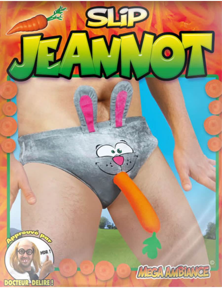 Slip humoristique tête de lapin pour homme gris avec oreilles et carotte