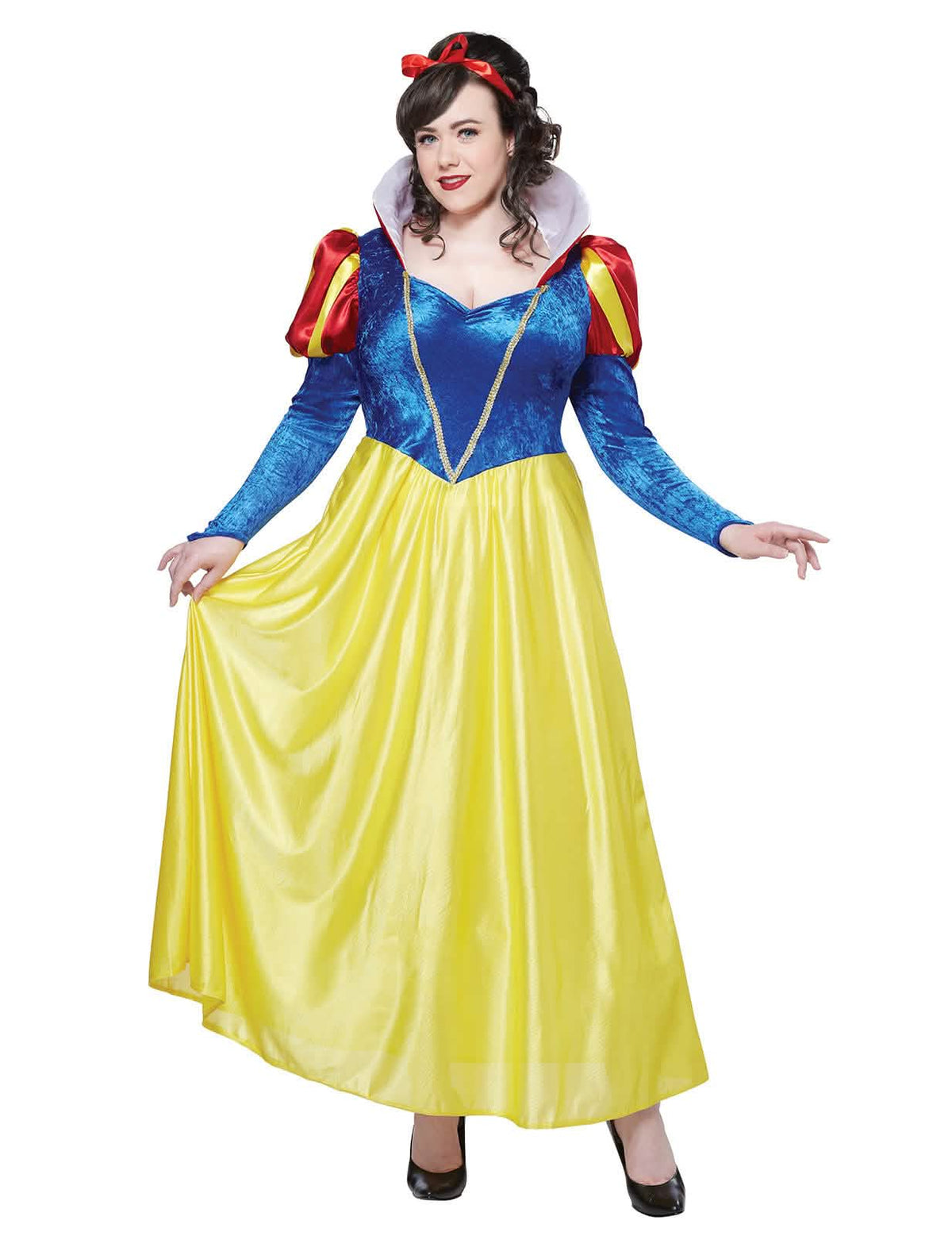 Costum Albă ca Zăpada pentru femeie galben și albastru cu bentiță roșie