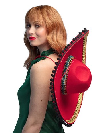 Sombrero mexicain rouge à pompons deluxe adulte