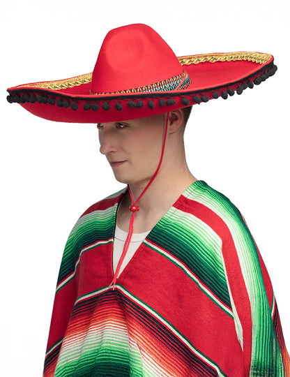 Sombrero mexicain rouge à pompons deluxe adulte