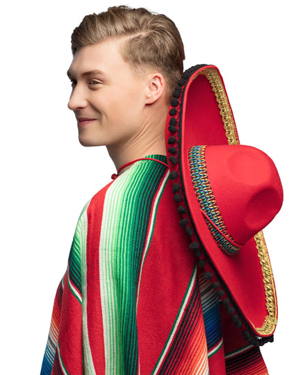 Sombrero mexicain rouge à pompons deluxe adulte