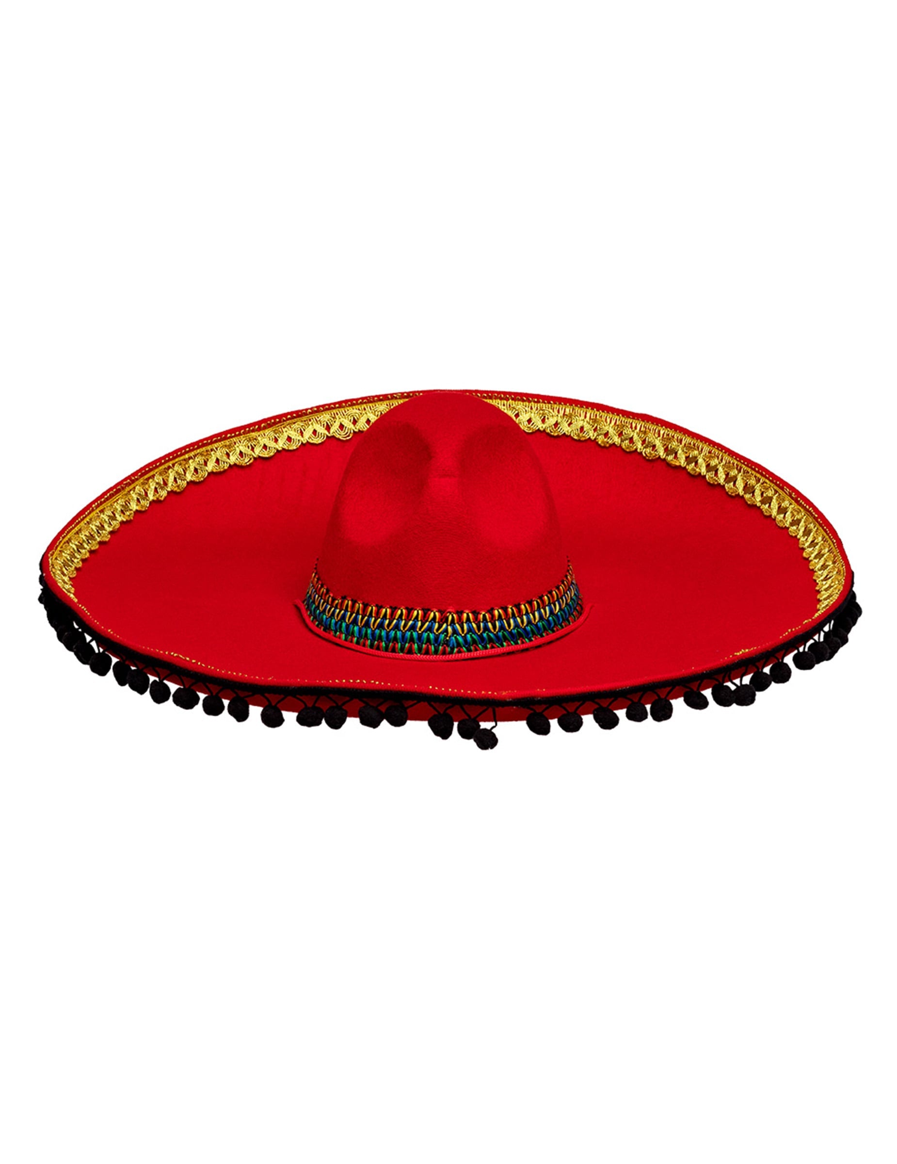 Sombrero mexicain deluxe pour adulte rouge à pompons noirs et dorés