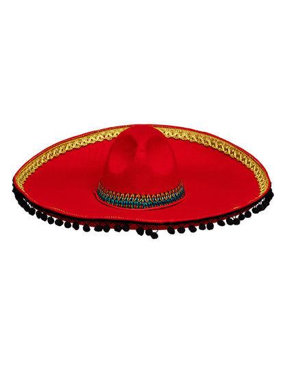 Sombrero mexicain deluxe pour adulte rouge à pompons noirs et dorés