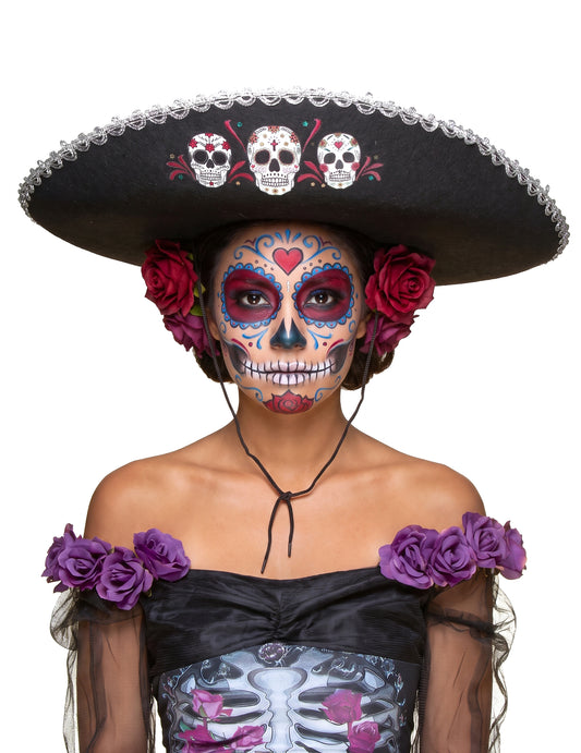 Sombrero negru dia de los Muertos Finisaje de argint pentru adulți