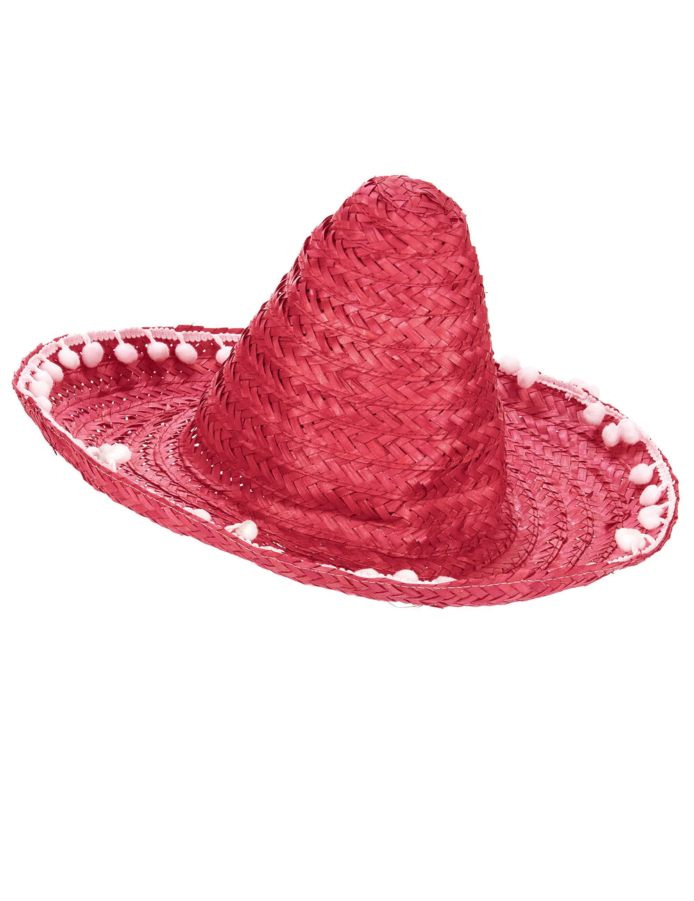 Vue de profil du sombrero pour adulte rouge à bordure pompons blancs