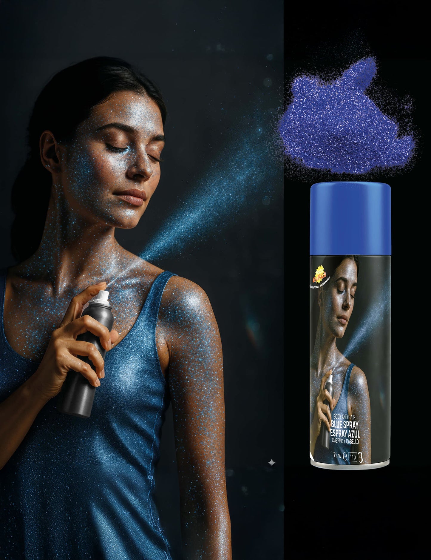 Détail de l'application et rendu brillant du spray à paillettes pour le corps pour adulte