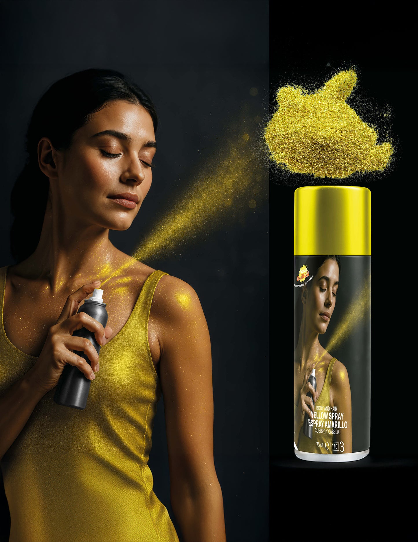 Spray de sclipici de corp galben 75 ml