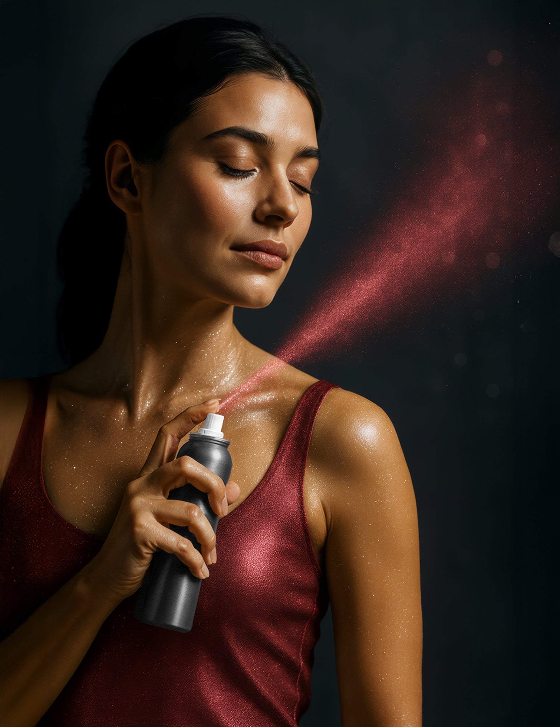 Démonstration de l'utilisation du spray à paillettes pour le corps pour femme rouge