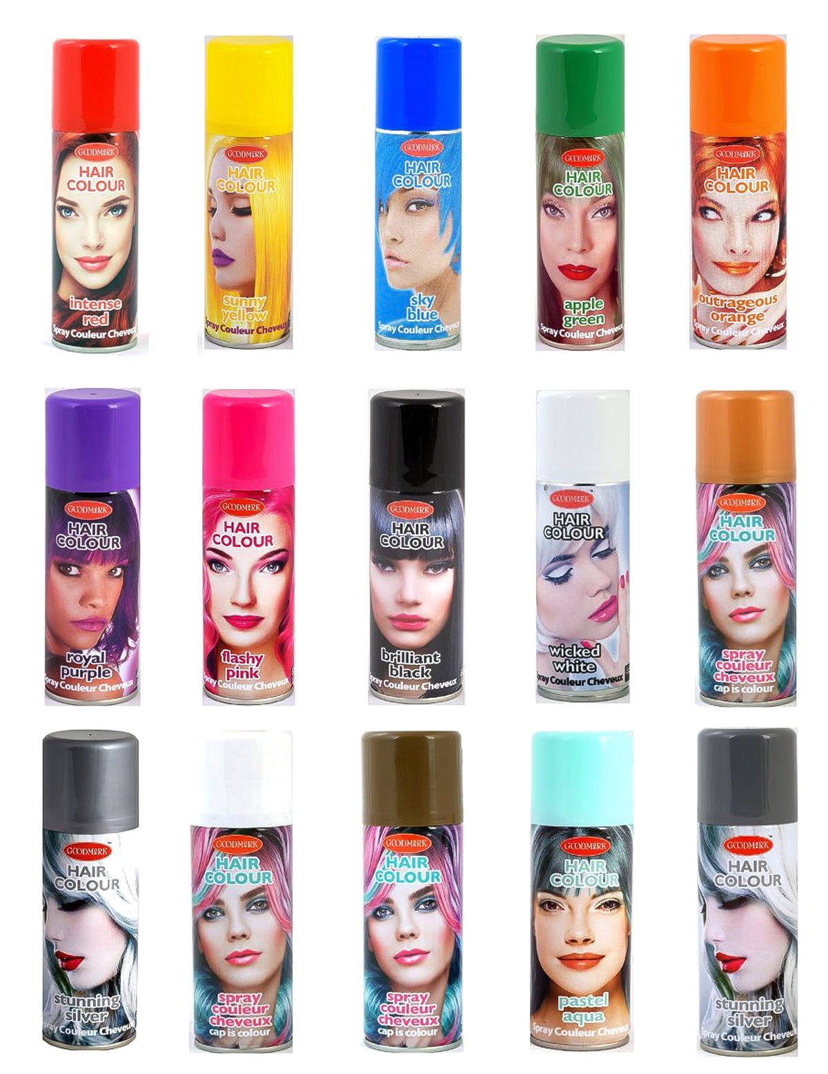 Spray pour cheveux couleurs pour fête panel de plusieurs coloris disponibles