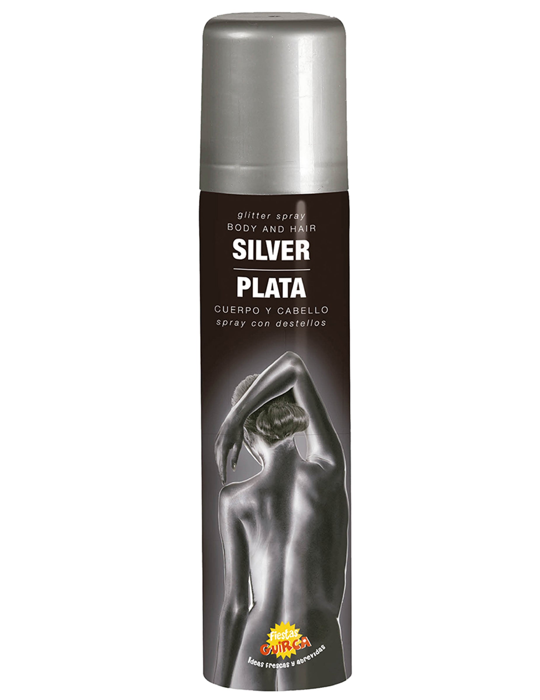 Détail du rendu scintillant du spray pour le corps à paillettes pour adulte argenté