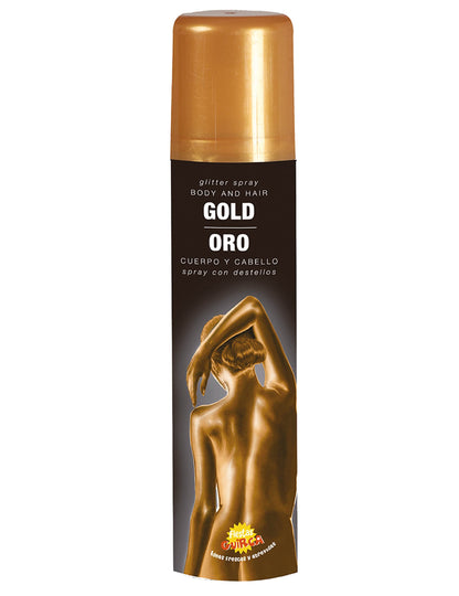 Détail de l'effet scintillant sur la peau du spray pour le corps à paillettes pour adulte doré