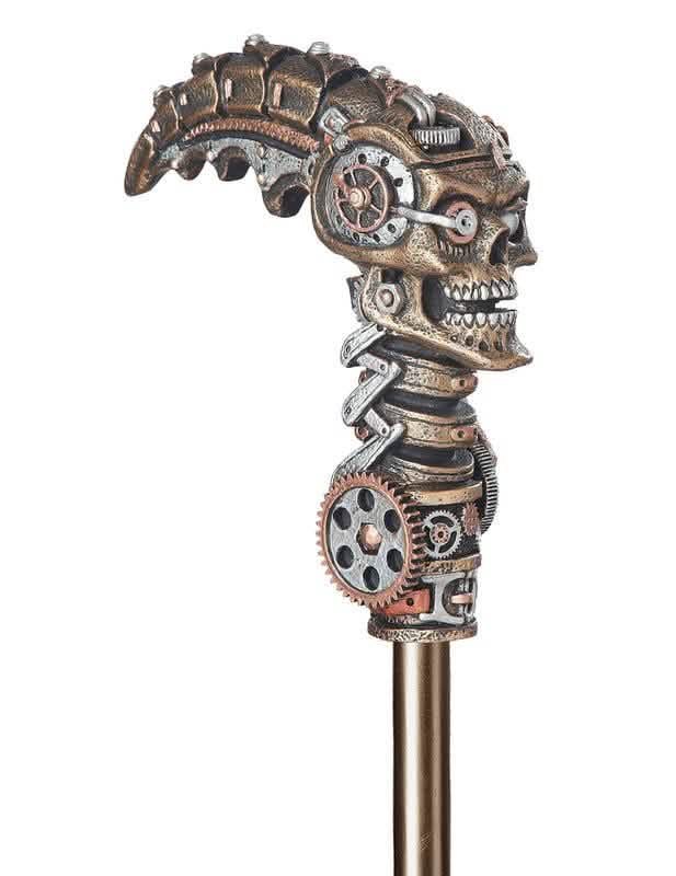 Detaliu al mânerului craniu mecanic al bastonului steampunk