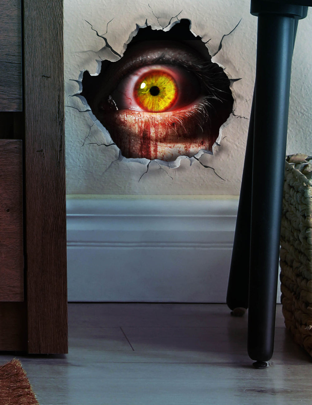Sticker mural oeil pour Halloween jaune et ensanglanté