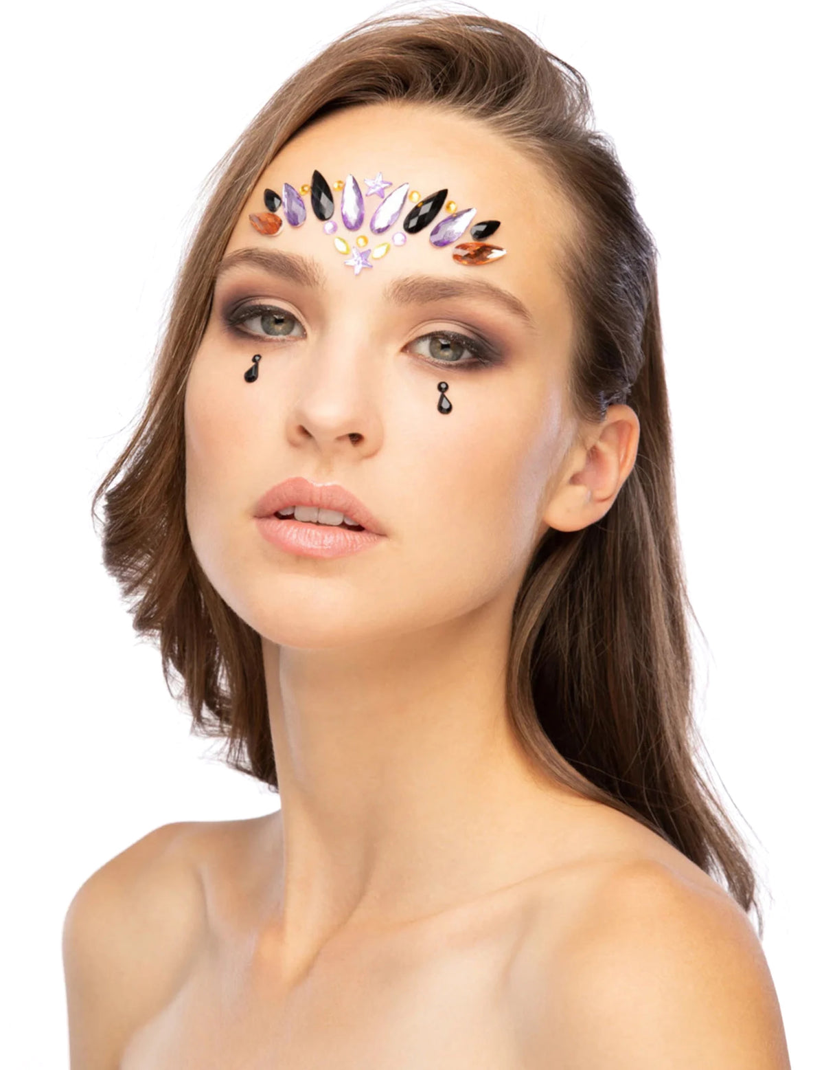 Strass adhésifs pour visage reine maléfique pour femme violet noir et ambre