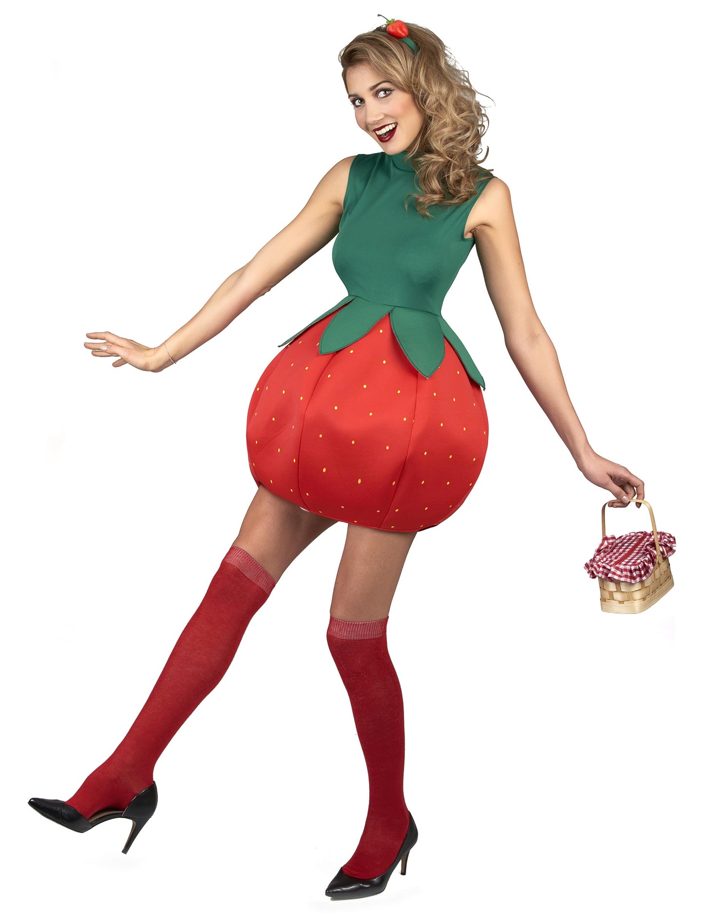 Vue d'ensemble avec serre-tête du déguisement robe fraise pour femme