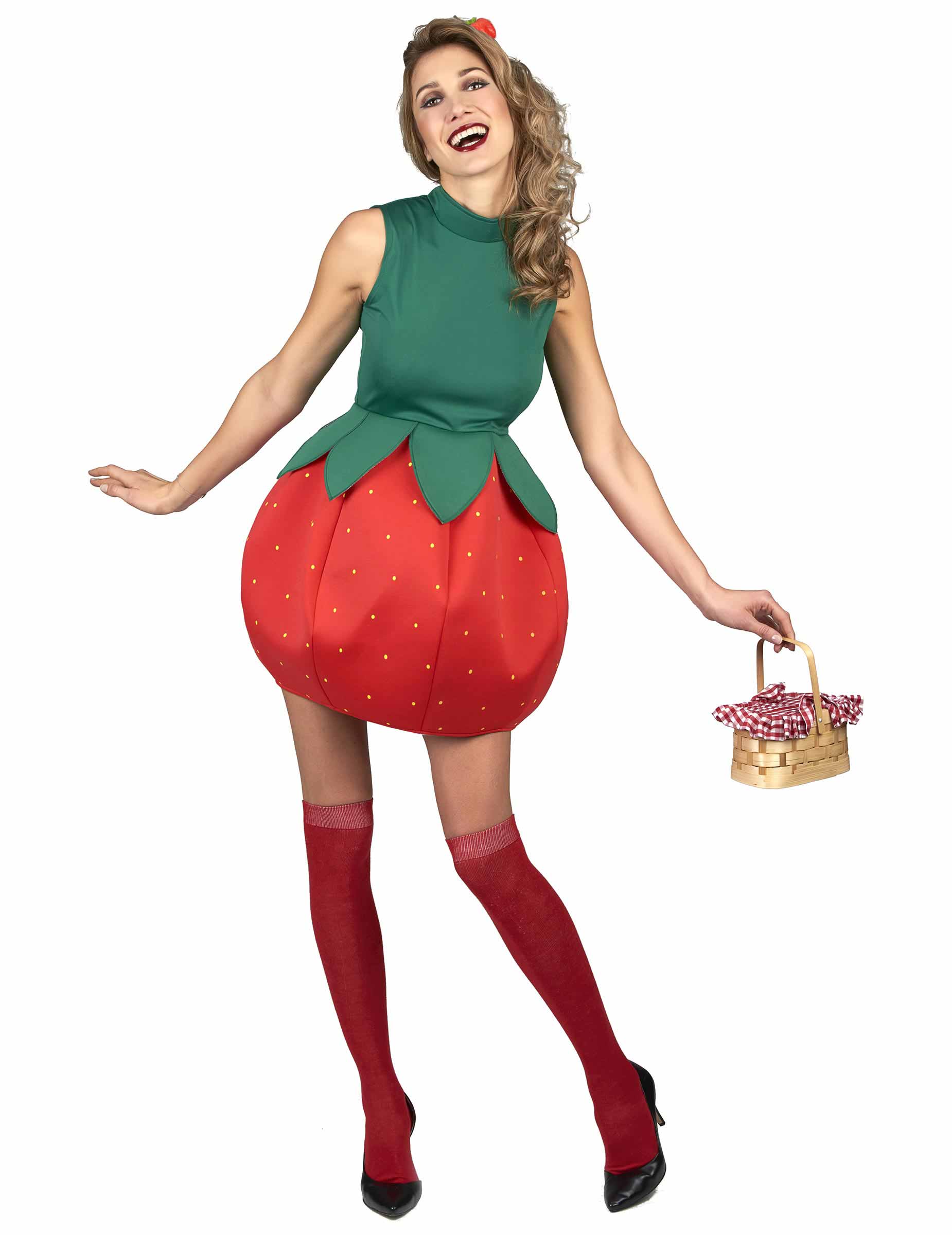 Déguisement robe fraise pour femme rouge et verte à pois jaunes