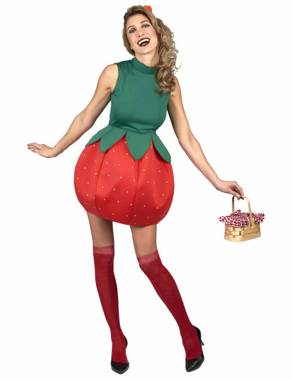 Déguisement robe fraise pour femme rouge et verte à pois jaunes