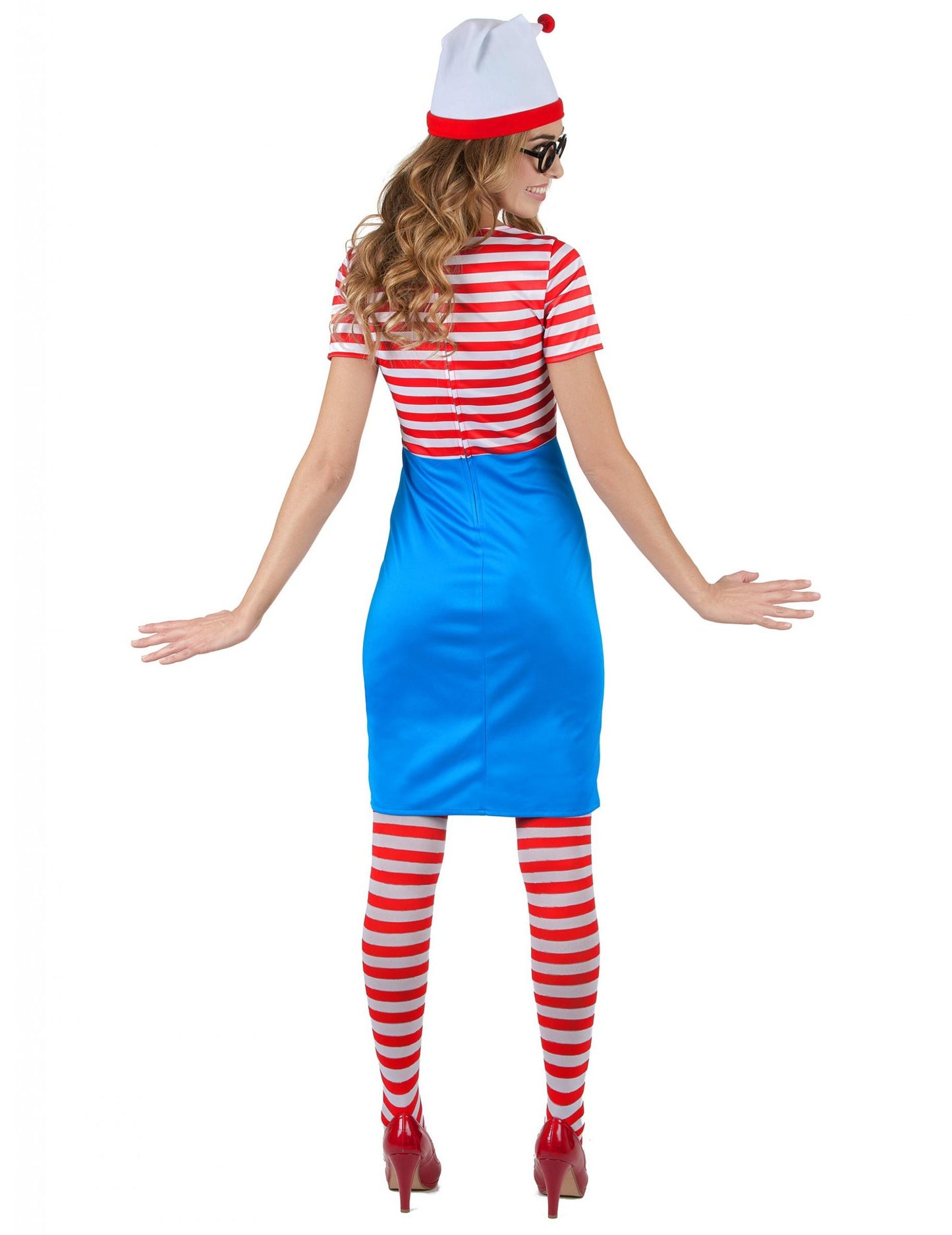 Vue de dos du déguisement de randonneur à rayures pour femme