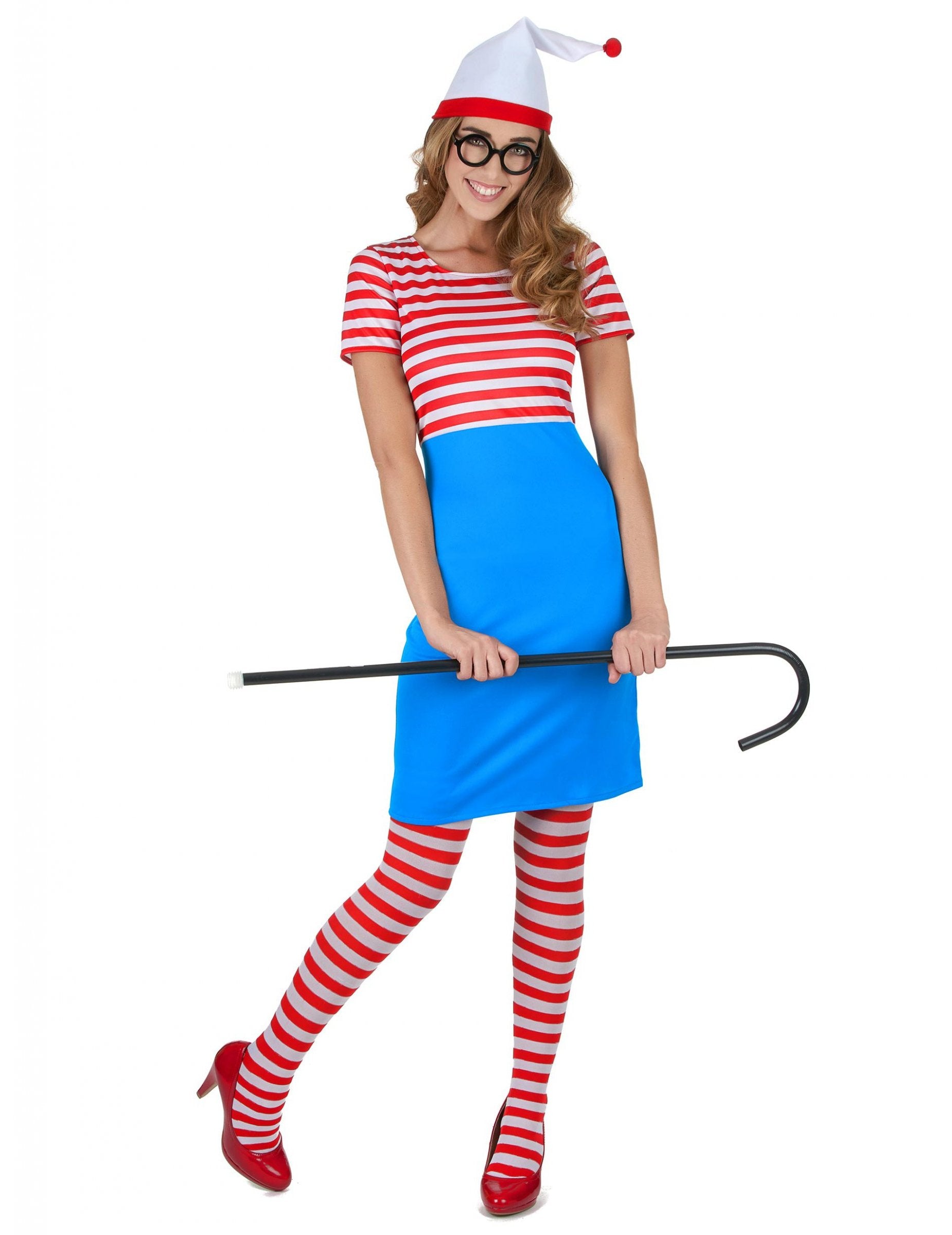 Déguisement de randonneur à rayures pour femme rouge blanc et bleu avec bonnet et lunettes