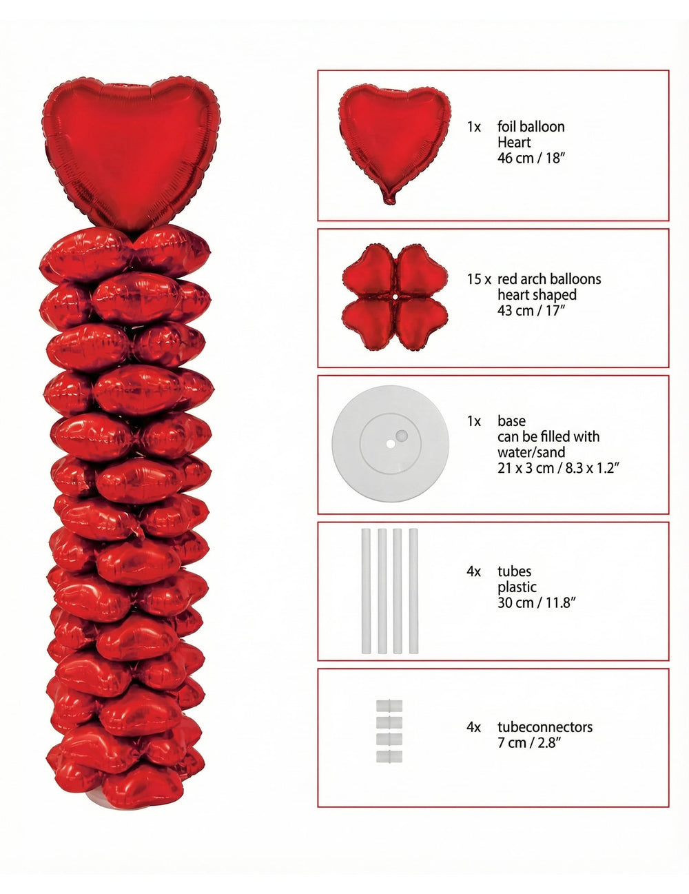 Détail du contenu du Kit colonne de ballons aluminium cœur Saint Valentin
