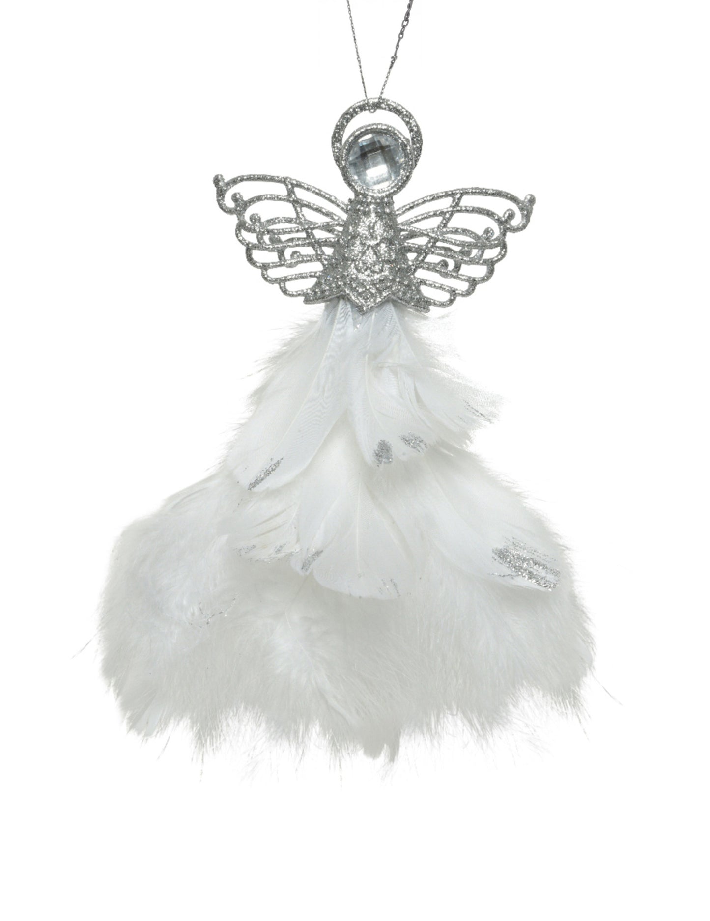 Suspension d'ange de Noël argenté et plumes blanches