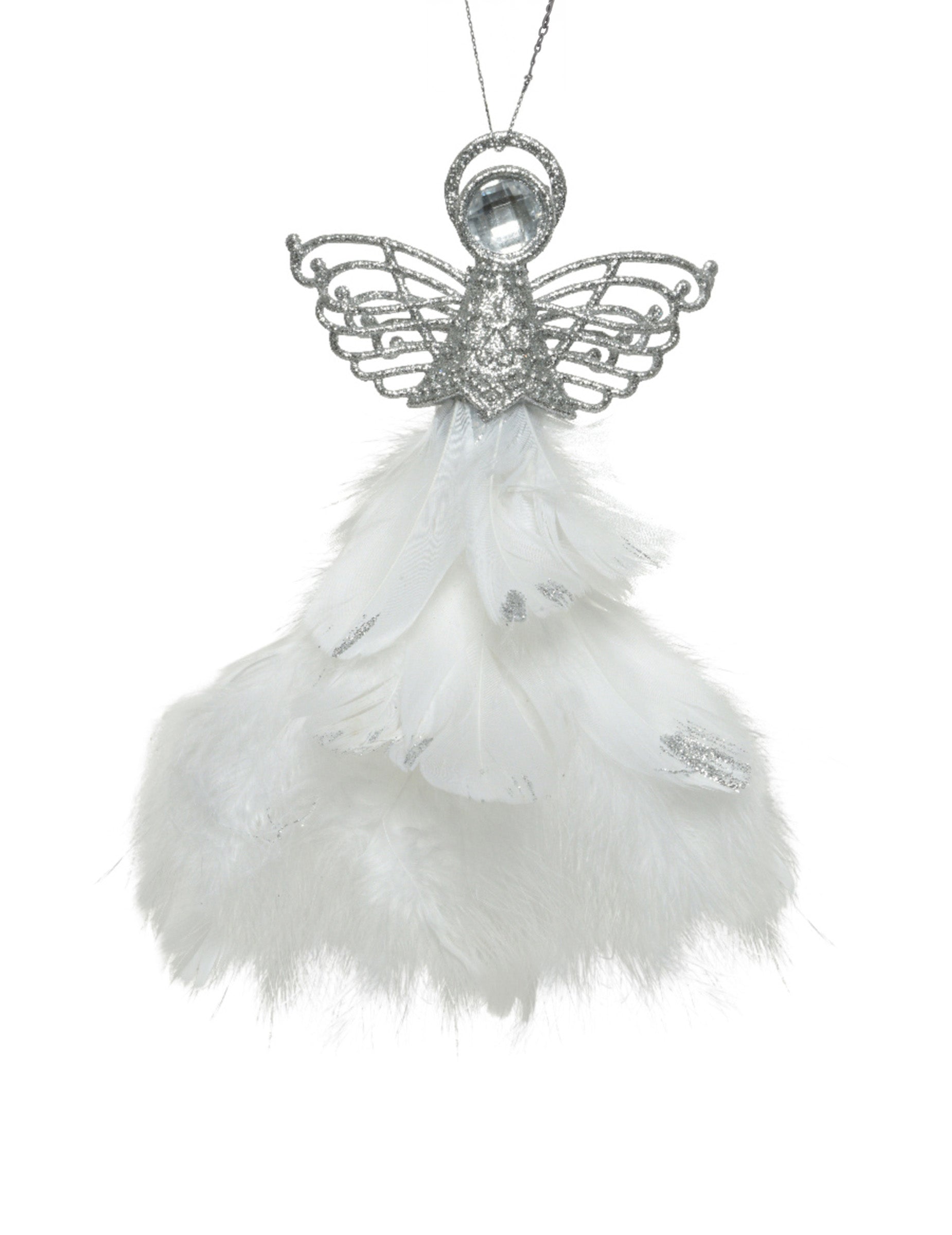 Suspension d'ange de Noël argenté et plumes blanches