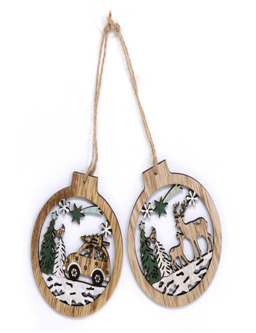 2 decorațiuni suspendate din lemn cu decor pădure înzăpezită 10 cm 