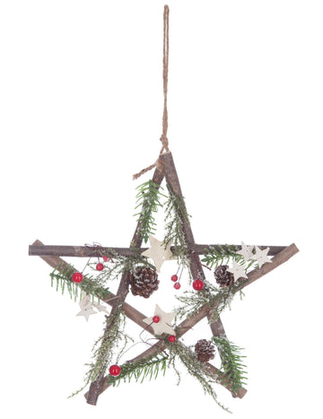 Decorațiune suspendată din lemn stea cu conuri de pin și bace 28 cm 