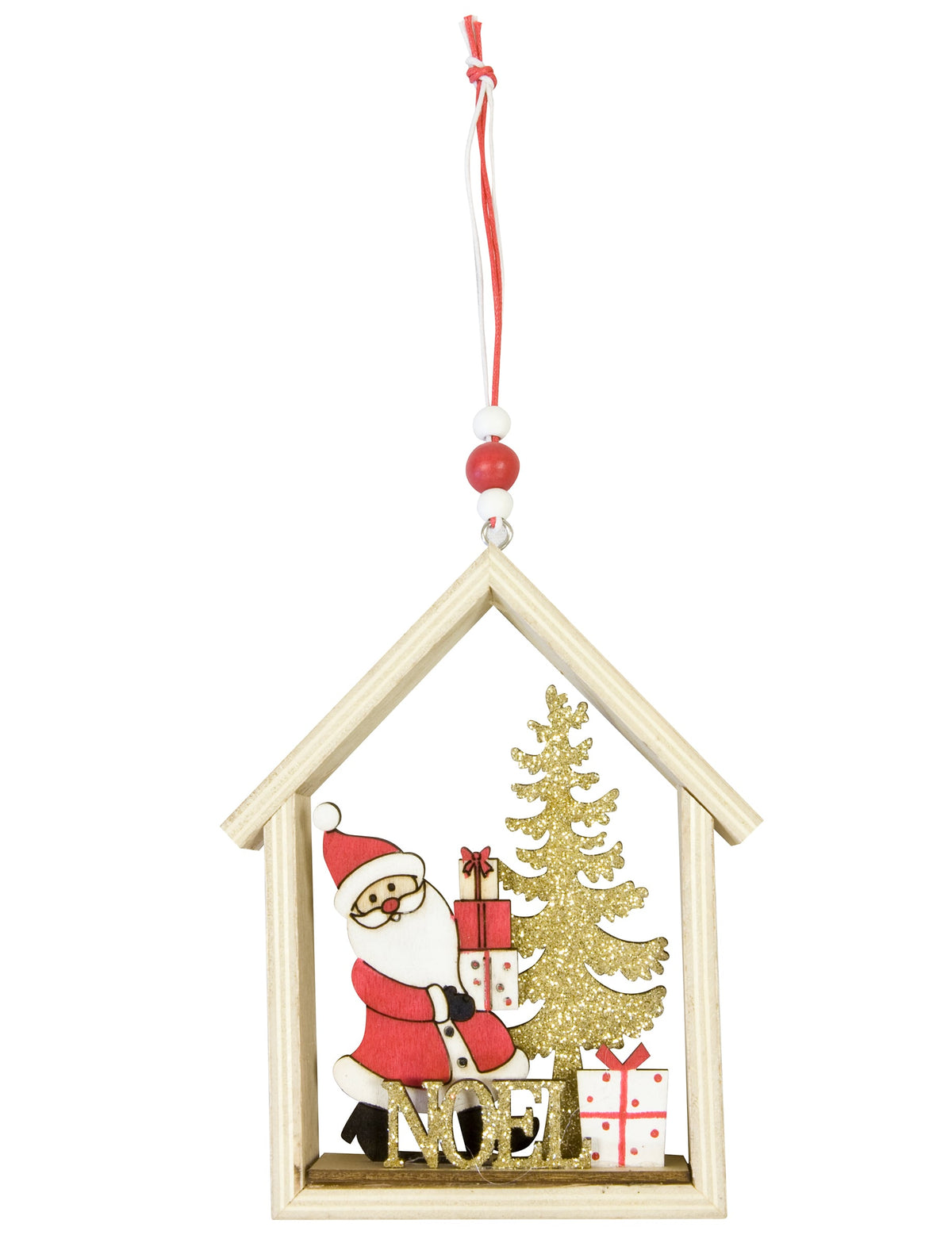 Suspension en bois Père Noël dans sa maison pour sapin rouge et doré