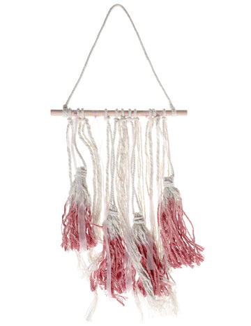 Suspension en bois macramé pour déco pompons rouges