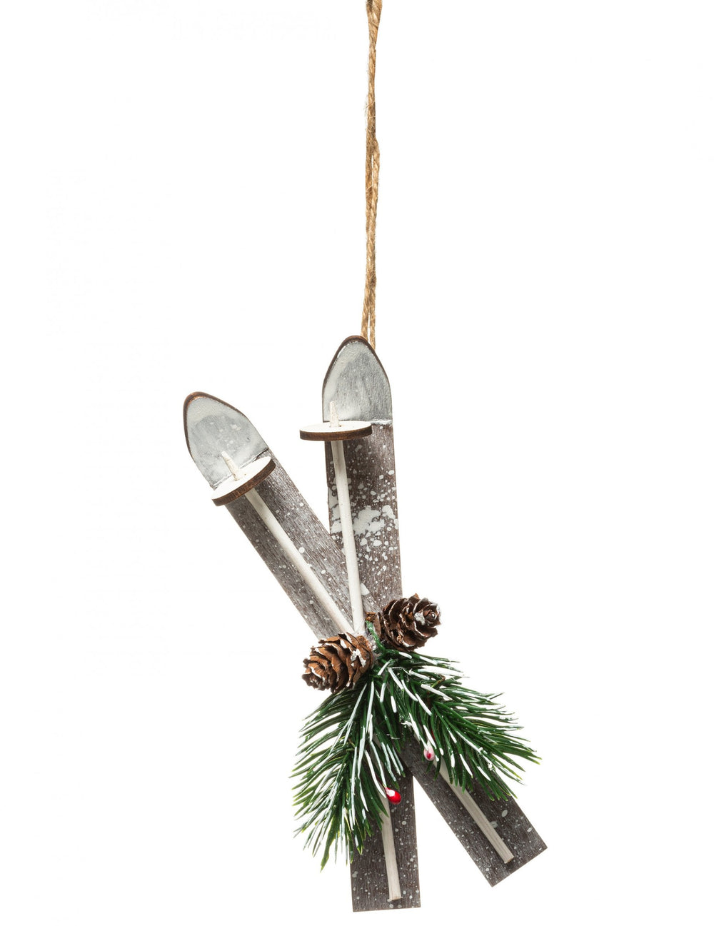 Suspension en bois paire de skis pour décoration marron avec pommes de pin et effet neige
