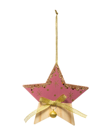 Lampă suspendată cu stea roz și lemn 20 cm cu modele aurii