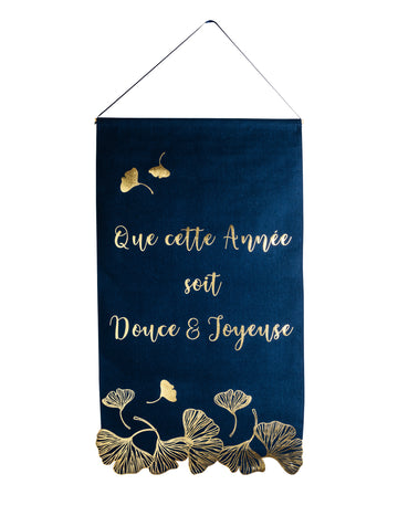 Lampă suspendată elegantă cu model ginkgo, bleumarin și auriu, 51,5 x 88 cm, An Nou Fericit cm