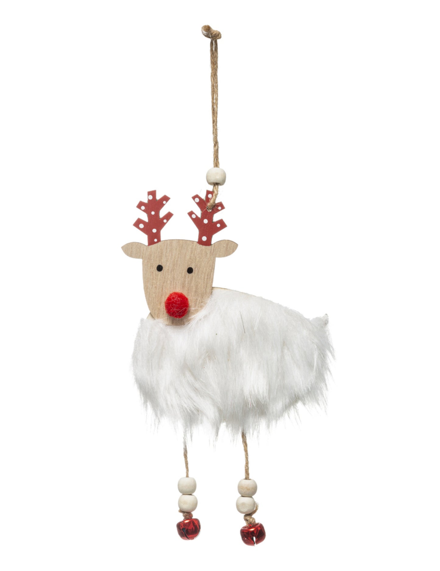 Ornament suspendat din lemn cu blană și clopoței, 18 cm