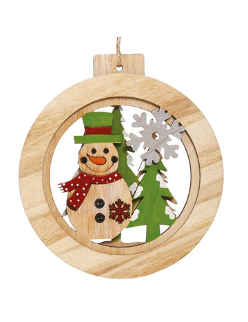 Decorațiune suspendată rotundă din lemn om de zăpadă 12 cm 