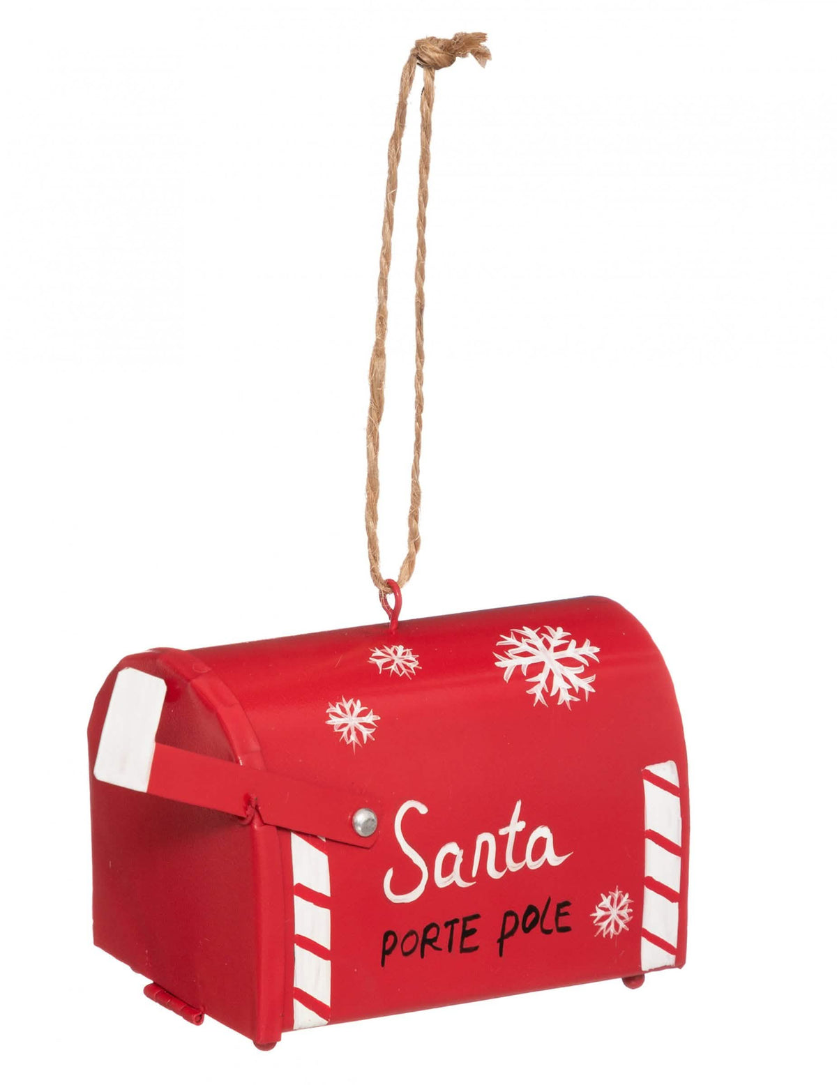 Suspendare cutie poștală pentru brad roșu cu fulgi de zăpadă și inscripția Santa
