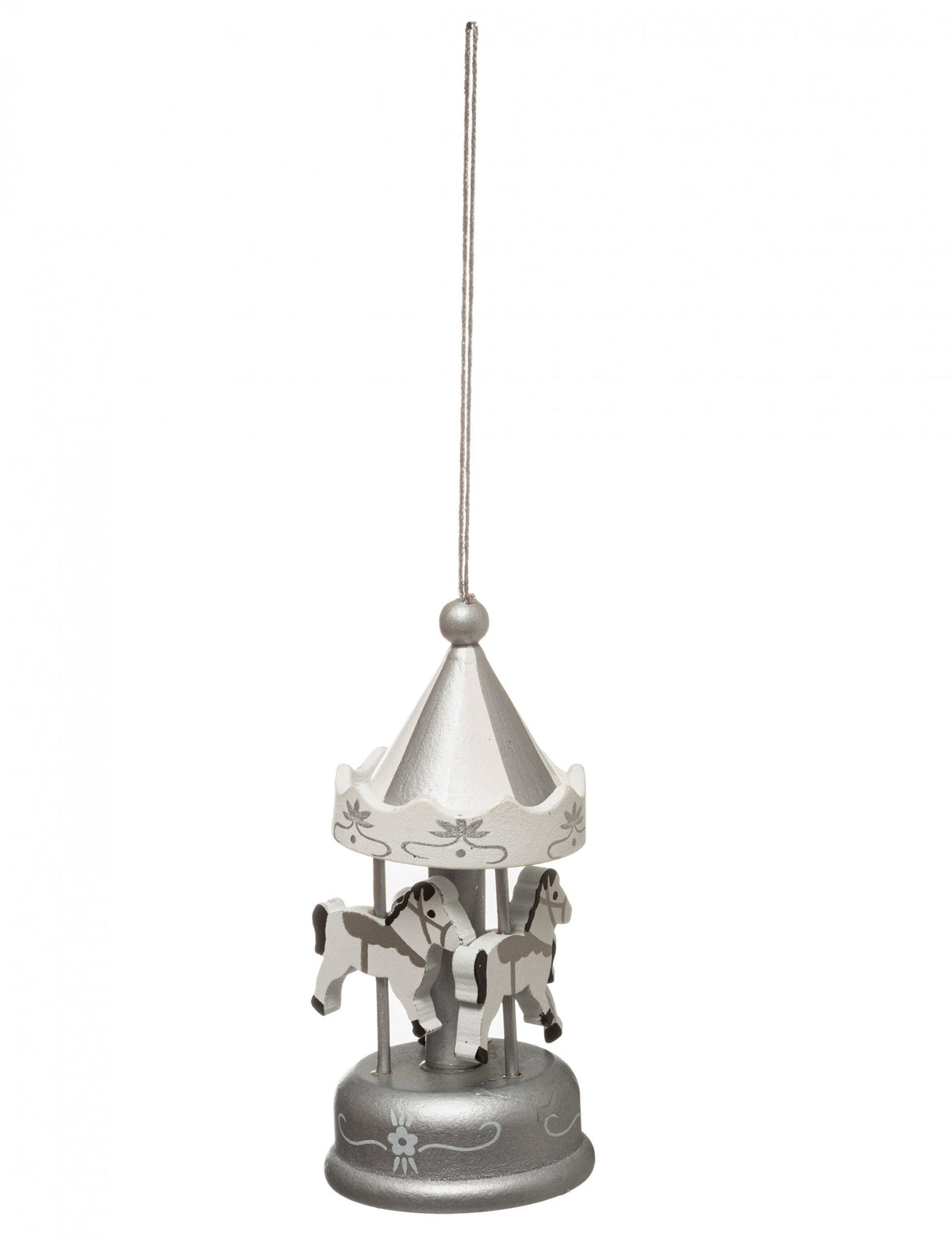 Suspension carrousel pour sapin argenté avec chevaux de bois