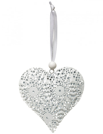 Decorațiune suspendată din fier, inimă albă lucrată, 8 cm 