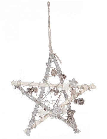 Decorațiune suspendată din lemn cu stea polară 28 cm alb și argintiu