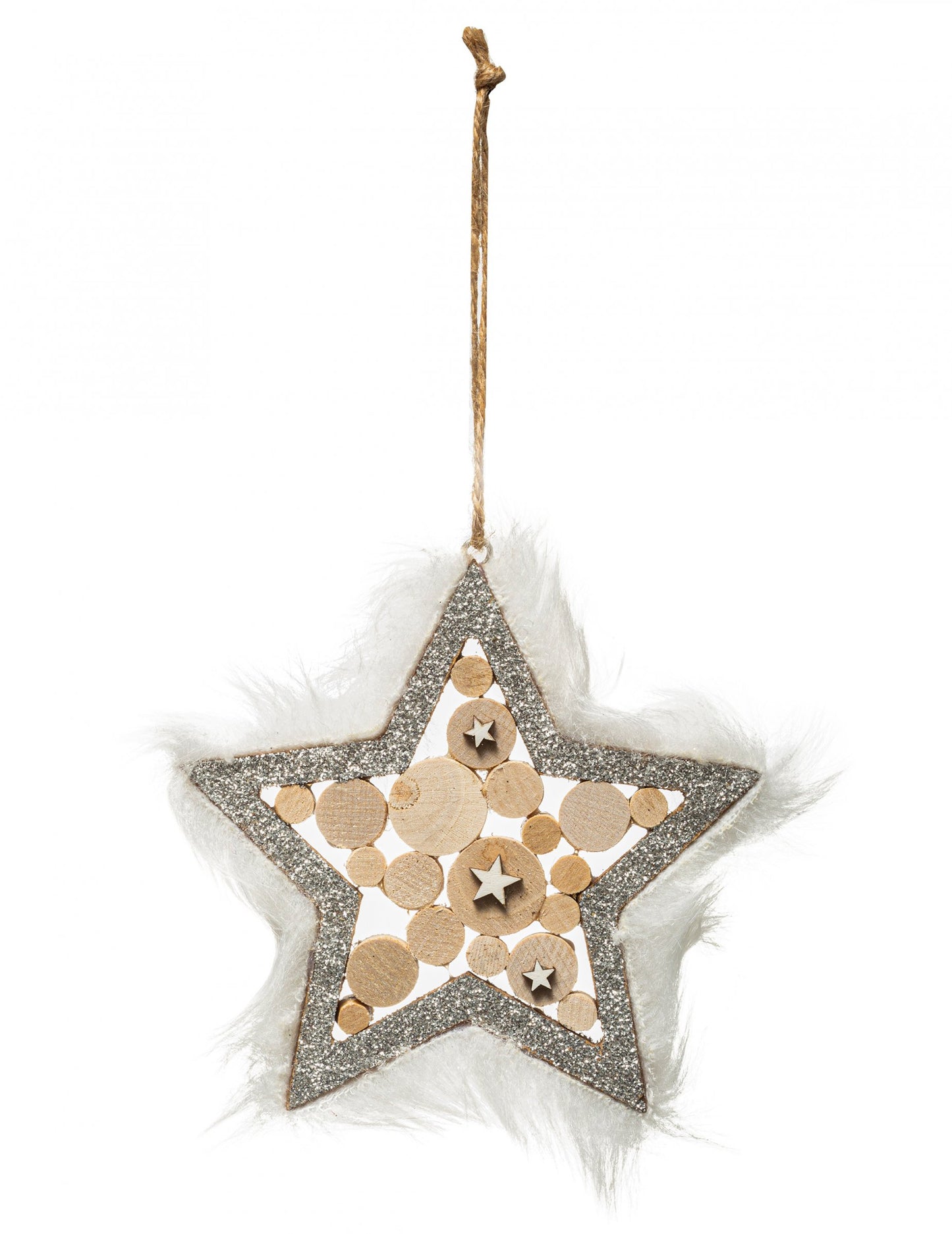Suspension étoile en bois et argent pour sapin avec bordure en fourrure blanche