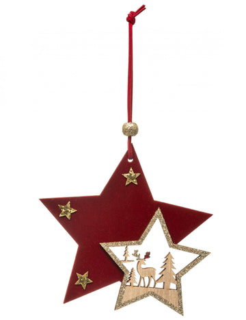 Decorațiune suspendată din lemn stea roșie și aurie 12 cm 