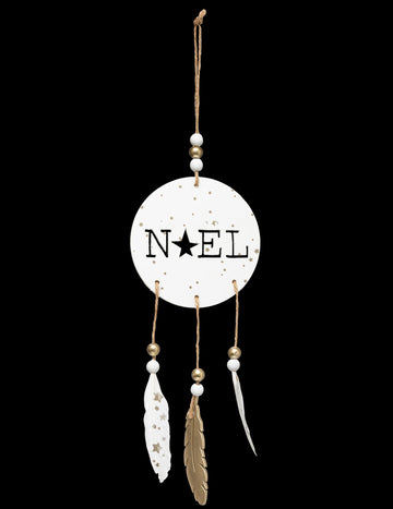 Decorațiune suspendată din lemn pentru Crăciun, stil boho, cu pene 28 cm alb și auriu 